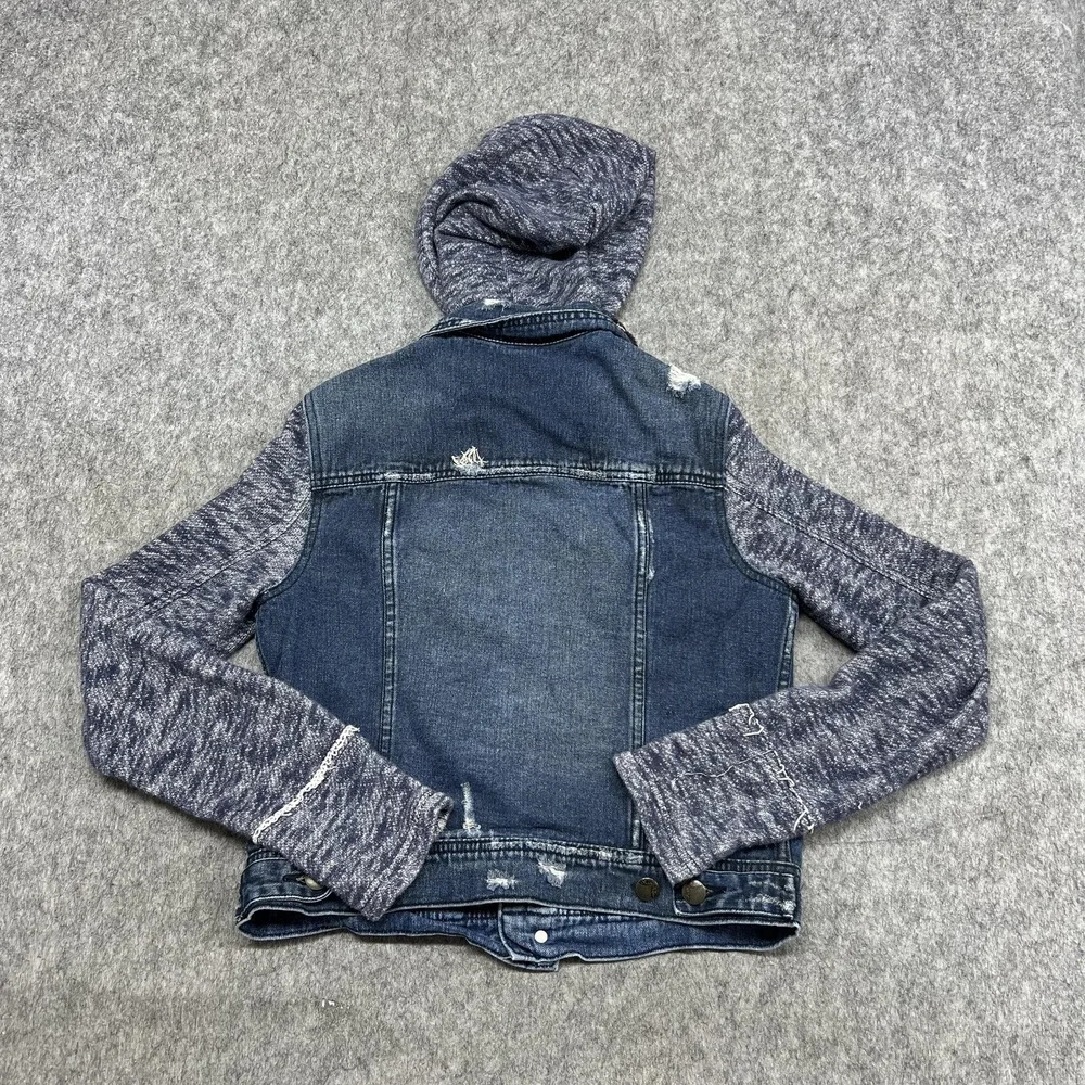 Free People Jacket Womens S Blue Denim Jean Hooded Knit Sleeve Distressed - Picture 2 of 16